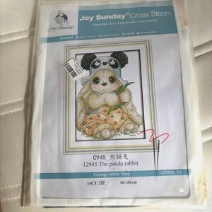 Joy Sunday Printed Cotton Fabric C945 THE PANDA RABBIT 14ct. Cross Stitch Kit